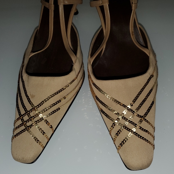 ALFIO CECCONI GOLD SEQUIN & SILK GOLDEN HEEL SLINGBACK KITTEN HEEL SZ 8M - Picture 4 of 16